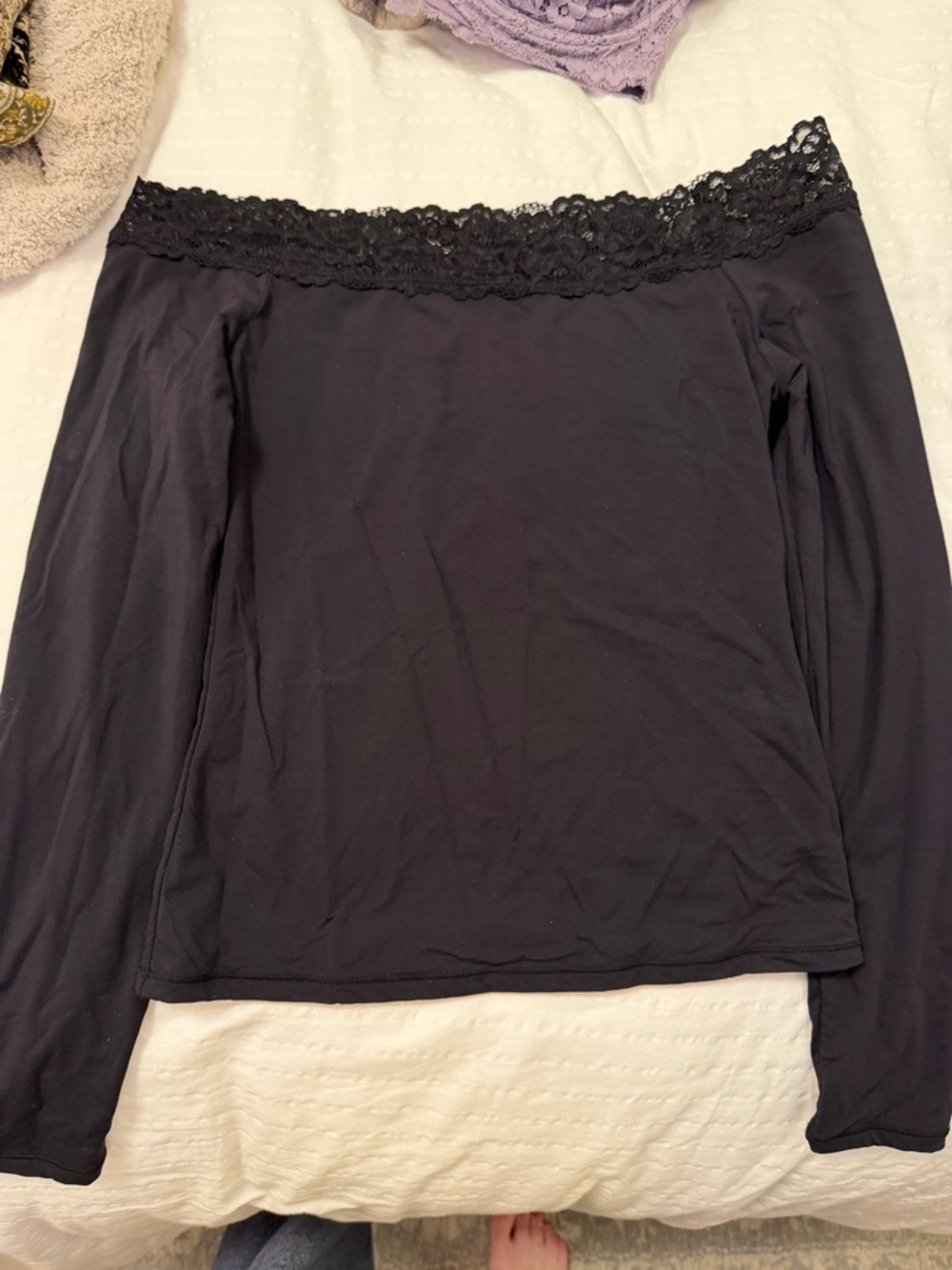 Black Off-Shoulder Lace Trim Long Sleeve Top